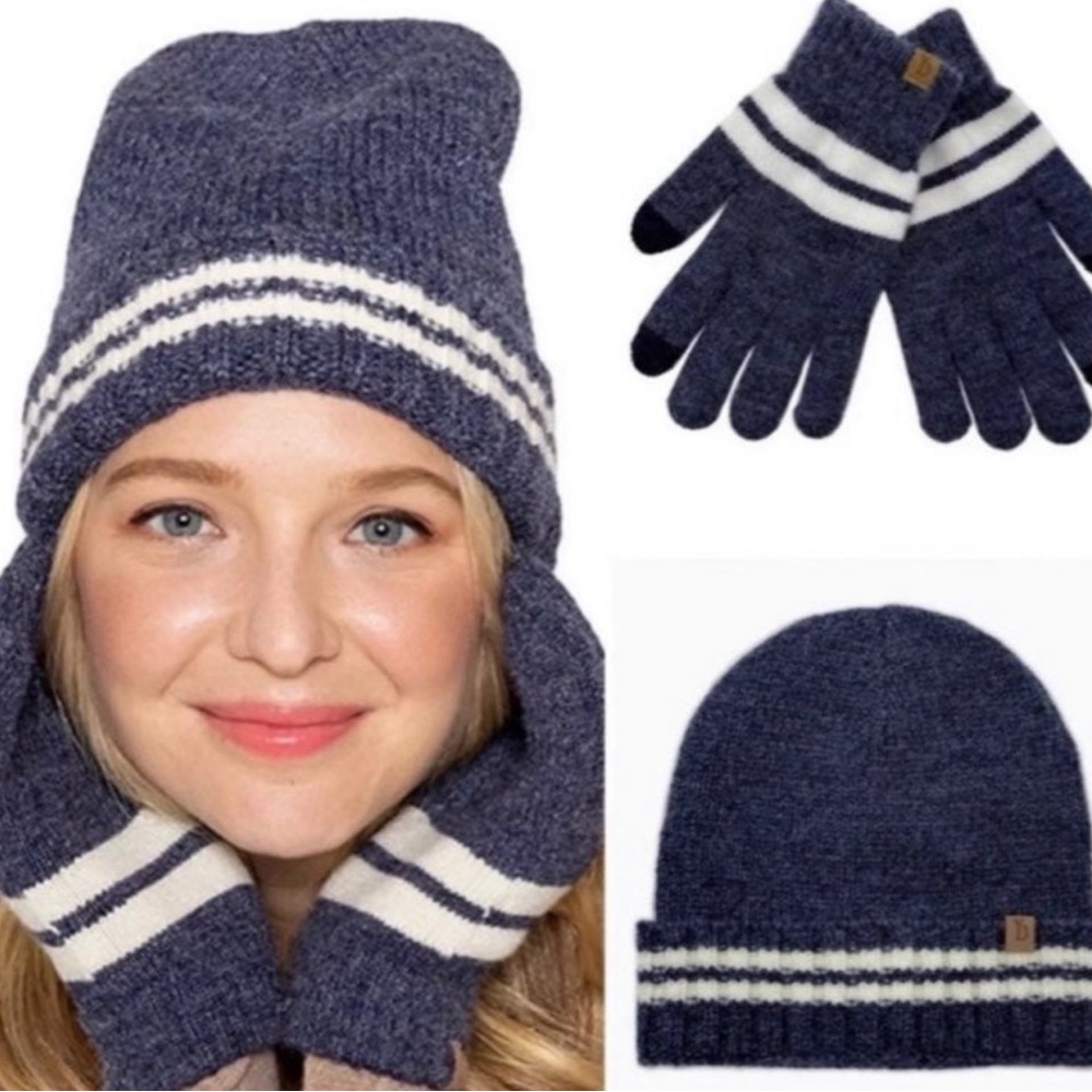 🔥🆕Cozy Blue and White Beanie Hat and Gloves Set